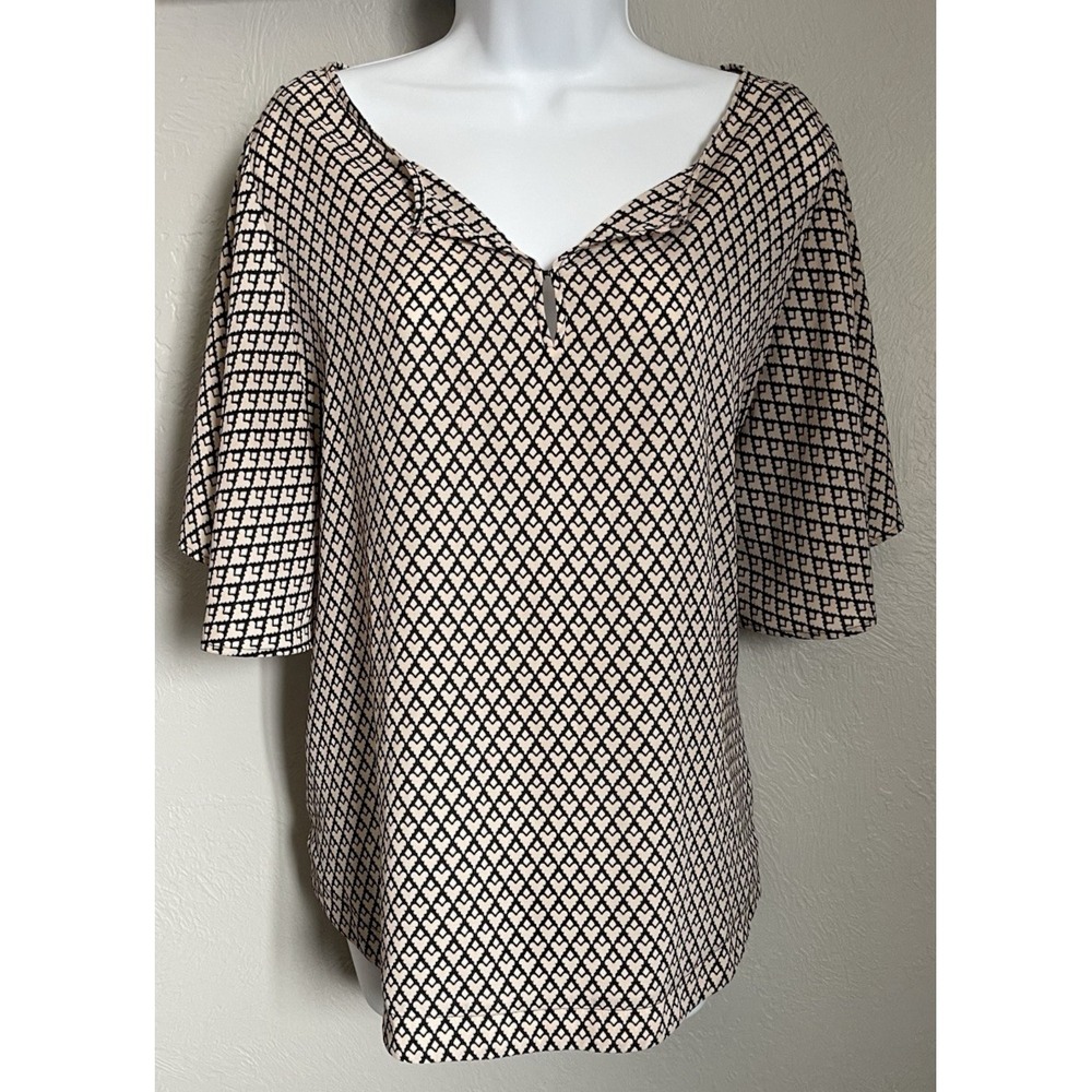 Stylus Blouse Womens Large Tan Black Lightweight Loose Shirt Short Sleeve Top